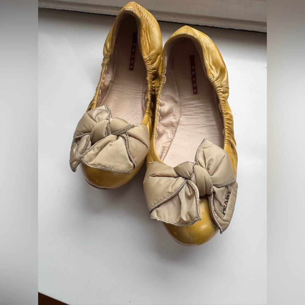 Prada Yellow Leather Bow Ballet Flats